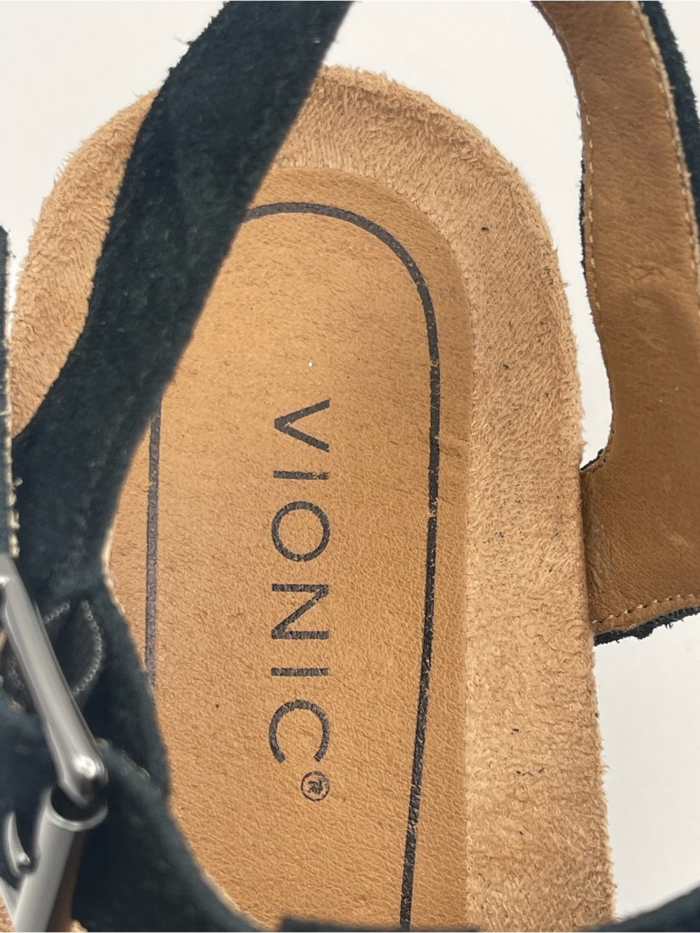 Vionic Black Suede Comfort T-Strap Platform Sandals with Adjustable Buckle - Picture 4 of 8